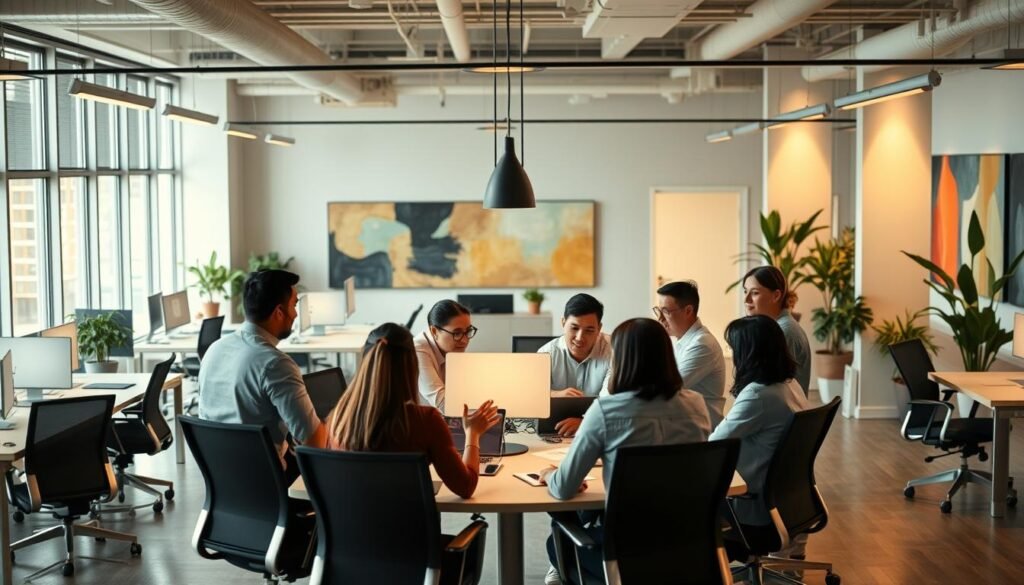 A bustling corporate office, filled with a dynamic energy. In the foreground, employees collaborate around a conference table, engaged in animated discussions. Soft, warm lighting casts a inviting glow, creating an atmosphere of openness and trust. The middle ground showcases an open-concept workspace, with sleek, minimalist desks and ergonomic chairs. Large windows allow natural light to flood the space, symbolizing transparency. In the background, abstract wall art and potted plants hint at a vibrant, progressive company culture that values creativity and wellness. The overall scene conveys a harmonious balance between structure and flexibility, reflecting the delicate relationship between organizational norms and employee wellbeing.