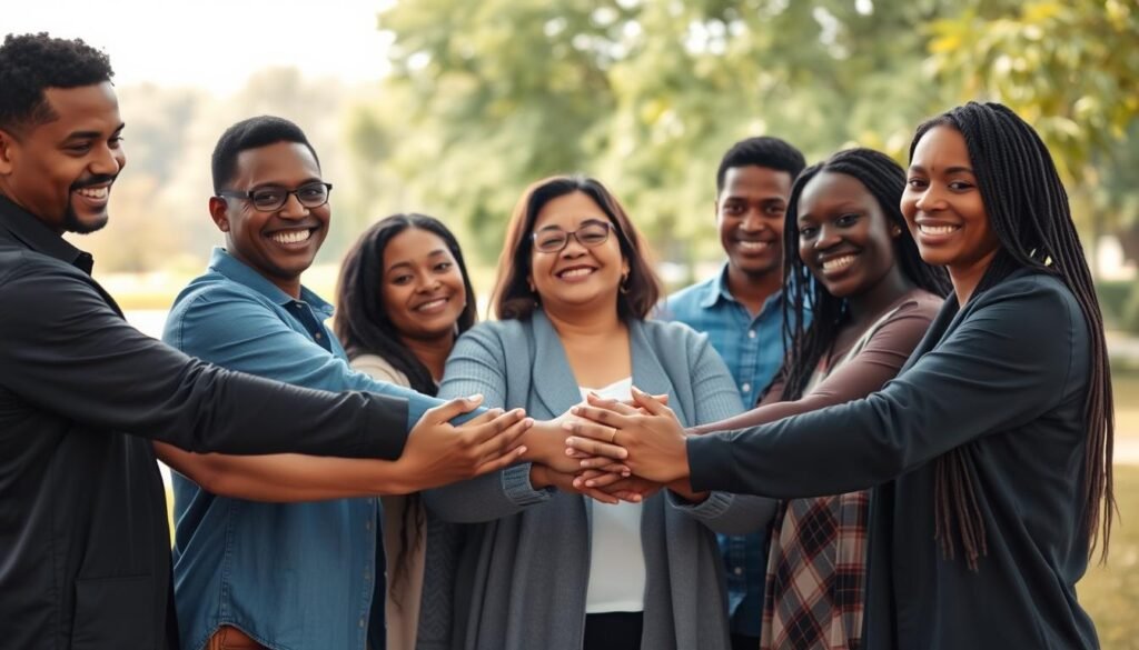 A close-knit group of diverse individuals, united in their shared experience of overcoming financial stress. In the foreground, a caring embrace, hands clasped in solidarity. Their faces radiate resilience and compassion, lit by a warm, diffused light. In the middle ground, a tranquil, natural setting - a serene park or garden, providing a calming backdrop. The composition exudes a sense of community, support, and the triumph of the human spirit over adversity. The overall mood is one of hope, empowerment, and the transformative power of social connection.