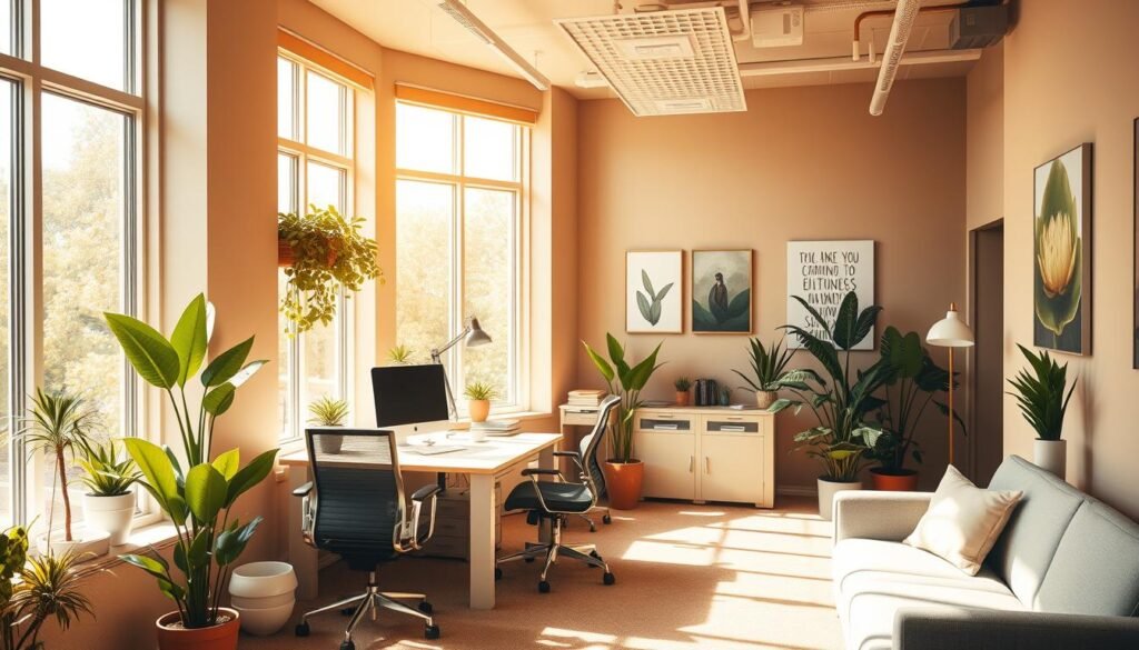 A cozy and ergonomic office space, flooded with warm natural light streaming through large windows. Potted plants and a calming color palette of earthy tones create a serene, rejuvenating atmosphere. Comfortable, adjustable furniture and ample desk space encourage productivity and well-being. Soft, indirect lighting from task lamps and overhead fixtures cast a gentle glow, while a sleek, minimalist design evokes a sense of clarity and focus. Inspirational artwork adorns the walls, reflecting themes of mindfulness and work-life balance. The overall scene conveys a harmonious, nurturing workspace that prioritizes employee health and happiness.