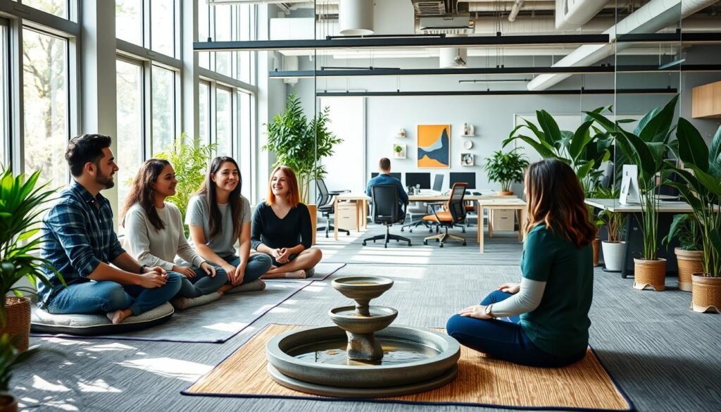 A cozy and inviting office setting, with natural light streaming through large windows. In the foreground, a group of colleagues engaged in a collaborative discussion, their expressions relaxed and attentive. The middle ground features a well-being station, complete with meditation cushions, a small water feature, and inspirational artwork on the walls. The background showcases a modern, open-concept workspace, with ergonomic furniture and lush indoor plants, creating a calming and rejuvenating atmosphere. The overall scene conveys a sense of balance, mindfulness, and a strong emphasis on employee well-being within the organizational culture. A cozy and inviting office setting, with natural light streaming through large windows. In the foreground, a group of colleagues engaged in a collaborative discussion, their expressions relaxed and attentive. The middle ground features a well-being station, complete with meditation cushions, a small water feature, and inspirational artwork on the walls. The background showcases a modern, open-concept workspace, with ergonomic furniture and lush indoor plants, creating a calming and rejuvenating atmosphere. The overall scene conveys a sense of balance, mindfulness, and a strong emphasis on employee well-being within the organizational culture.