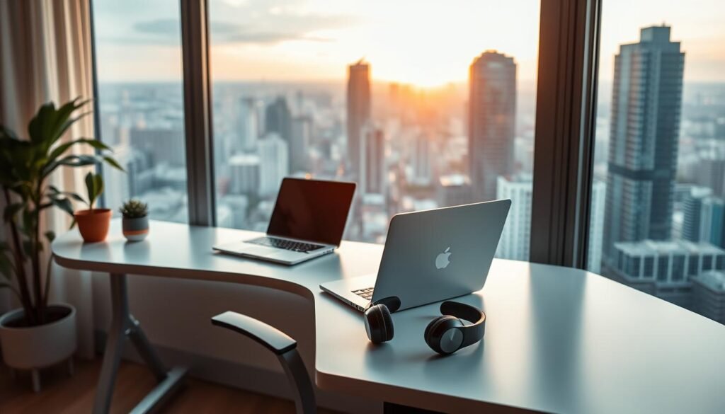 A cozy home office with a minimalist desk, laptop, and ergonomic chair. In the background, a large window overlooking a vibrant cityscape, bathed in warm, natural light. On the desk, a potted plant and a pair of sleek, wireless headphones, suggesting a balance between work and wellbeing. The atmosphere is serene, with a sense of tranquility and focus, capturing the essence of remote work and its challenges.