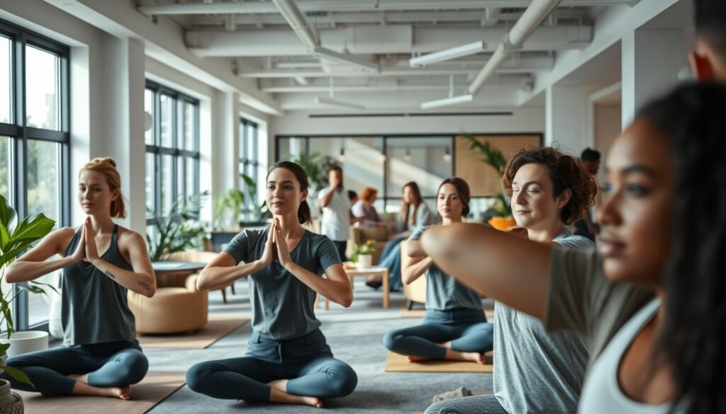A cozy office setting with workers engaged in various wellness activities. In the foreground, a group of employees doing yoga or stretching exercises together, their expressions serene and focused. In the middle ground, a small lounge area with comfortable furniture and plants, where colleagues are chatting and enjoying healthy snacks. The background features a modern, open-concept workspace with natural light streaming in through large windows. Subtle, calming colors and a sense of balance and harmony permeate the scene, conveying the atmosphere of a workplace that prioritizes employee wellbeing.