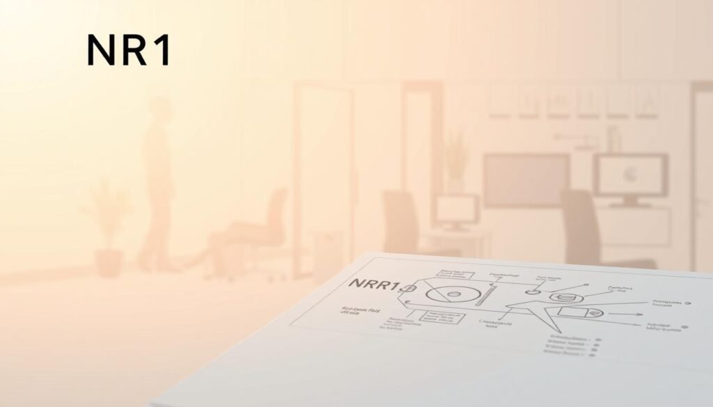 A detailed technical illustration of the "NR1 Prevenção" concept, rendered in a clean, minimalist style. The foreground features a precise technical diagram of the NR1 guidelines, with crisp linework and geometric shapes. The middle ground shows a serene, stylized workplace environment, with subtle details that convey a sense of order and professionalism. The background has a soft, warm gradient that evokes a sense of reliability and trust. Lighting is soft and diffused, creating a calm, authoritative atmosphere. The overall composition is balanced and harmonious, emphasizing the importance and applicability of the NR1 regulations in the workplace.