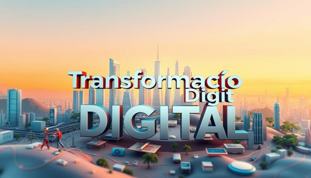 A digital transformation landscape, with a central focus on the word "Transformação Digital" rendered in a sleek, modern 3D typography. The foreground features various digital devices and icons, symbolizing the integration of technology into daily life. The middle ground showcases a futuristic cityscape, with skyscrapers and futuristic architecture, representing the evolving digital infrastructure. The background is a vibrant gradient, ranging from warm tones to cooler hues, creating a sense of technological advancement and progress. The overall mood is one of innovation, connectivity, and the seamless blending of the digital and physical worlds.