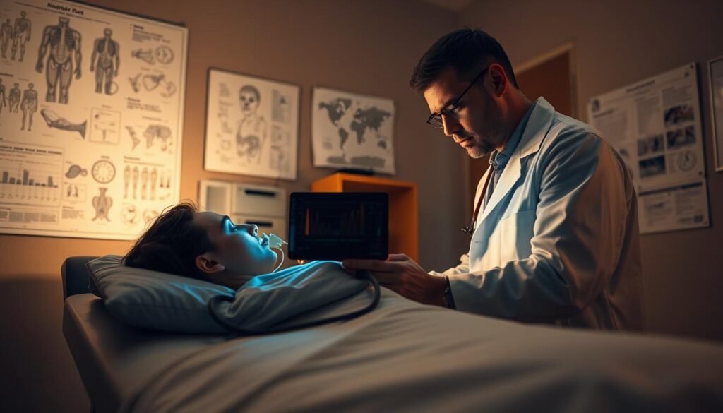 A dimly lit doctor's office, the walls adorned with medical diagrams and charts. In the center, a patient rests on an examination table, their face partially obscured by a sleep monitoring device. The doctor, dressed in a crisp white coat, reviews the data, brow furrowed in concentration. Soft, warm lighting casts subtle shadows, creating an atmosphere of thoughtful analysis. The room exudes a sense of clinical professionalism and the desire to uncover the underlying causes of the patient's sleep disturbances. The overall scene conveys the process of diagnosing sleep disorders, a crucial step in understanding and addressing the issue. A dimly lit doctor's office, the walls adorned with medical diagrams and charts. In the center, a patient rests on an examination table, their face partially obscured by a sleep monitoring device. The doctor, dressed in a crisp white coat, reviews the data, brow furrowed in concentration. Soft, warm lighting casts subtle shadows, creating an atmosphere of thoughtful analysis. The room exudes a sense of clinical professionalism and the desire to uncover the underlying causes of the patient's sleep disturbances. The overall scene conveys the process of diagnosing sleep disorders, a crucial step in understanding and addressing the issue.