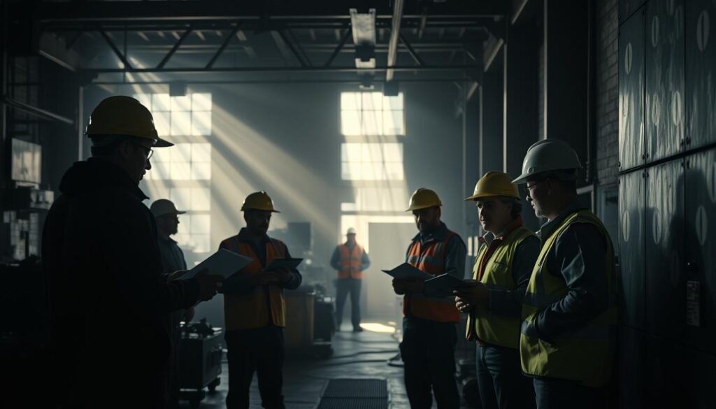 A dimly lit factory floor, workers in hard hats and safety vests diligently inspecting machinery and equipment. Shadowy figures in the background, clipboards in hand, carefully observing and taking notes. Beams of light filter through grimy windows, casting an air of industrial grit. The scene conveys a sense of vigilance and attention to detail, as the workplace is scrutinized for compliance and safety. The camera angles capture the sense of authority and oversight, while the muted tones evoke the seriousness of the occupational inspection process.