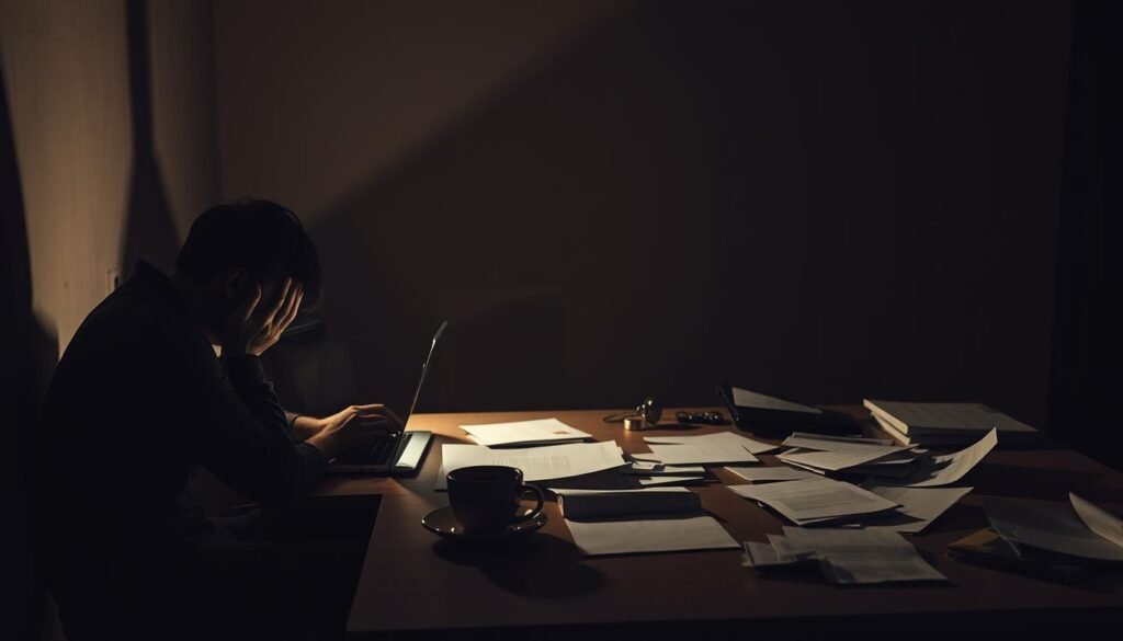 A dimly lit home office space, casting eerie shadows on the walls. In the foreground, a figure sits hunched over a laptop, face obscured by hands, conveying a sense of isolation and mental fatigue. The middle ground features a cluttered desk, with scattered papers and a forgotten cup of coffee, symbols of the toll of prolonged remote work. The background fades into a dreary, monotonous landscape, emphasizing the claustrophobic and confined nature of the setting. The lighting is somber, with a warm, muted palette, evoking a melancholic and introspective mood. The overall composition aims to capture the subtle, yet pervasive, signs of the detrimental effects of social isolation in a home office environment.