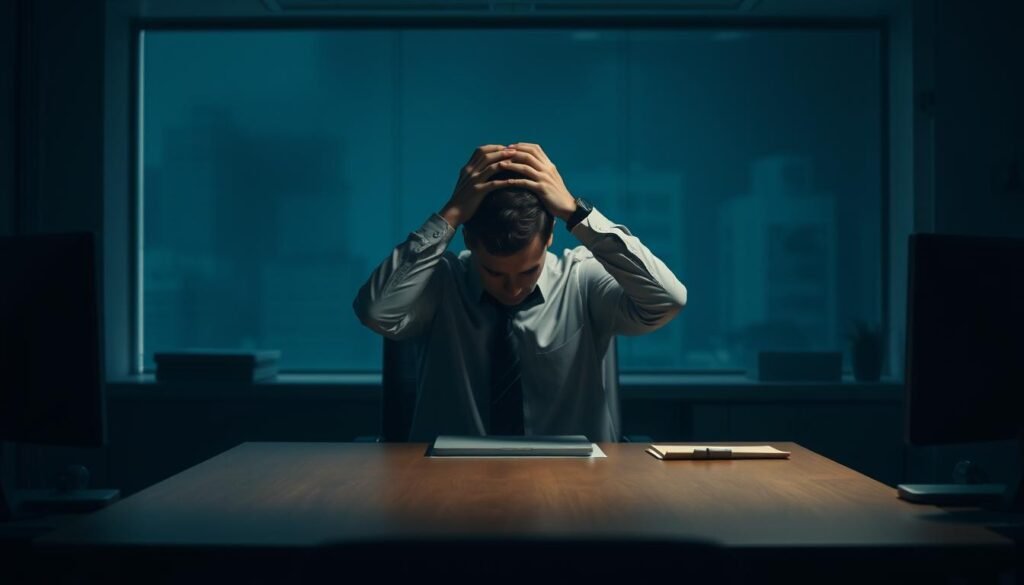 A dimly lit office setting, with a desk and chair in the foreground, symbolizing the workplace. In the middle ground, an employee appears distressed, hands on their head, conveying the mental burden of the work environment. The background is hazy, suggesting the pervasive stigma surrounding mental health issues in the corporate world. Soft, muted colors create a somber, introspective atmosphere. Dramatic lighting casts shadows, highlighting the employee's isolation and the weight of the unspoken struggles. The scene evokes the importance of identifying and addressing the stigma of mental health in the workplace.
