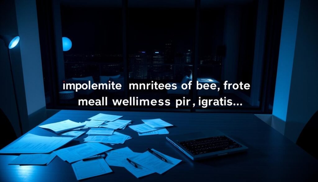 A dimly lit office setting, with a desk in the foreground and a large window overlooking a cityscape in the background. Scattered documents and a laptop suggest the challenges of implementing an effective mental wellness program. The lighting is soft and moody, creating a sense of contemplation and tension. The window casts shadows across the desk, symbolizing the barriers and obstacles that organizations face in this endeavor. The overall atmosphere conveys the complexities and difficulties inherent in rolling out a successful employee wellbeing initiative. A dimly lit office setting, with a desk in the foreground and a large window overlooking a cityscape in the background. Scattered documents and a laptop suggest the challenges of implementing an effective mental wellness program. The lighting is soft and moody, creating a sense of contemplation and tension. The window casts shadows across the desk, symbolizing the barriers and obstacles that organizations face in this endeavor. The overall atmosphere conveys the complexities and difficulties inherent in rolling out a successful employee wellbeing initiative.