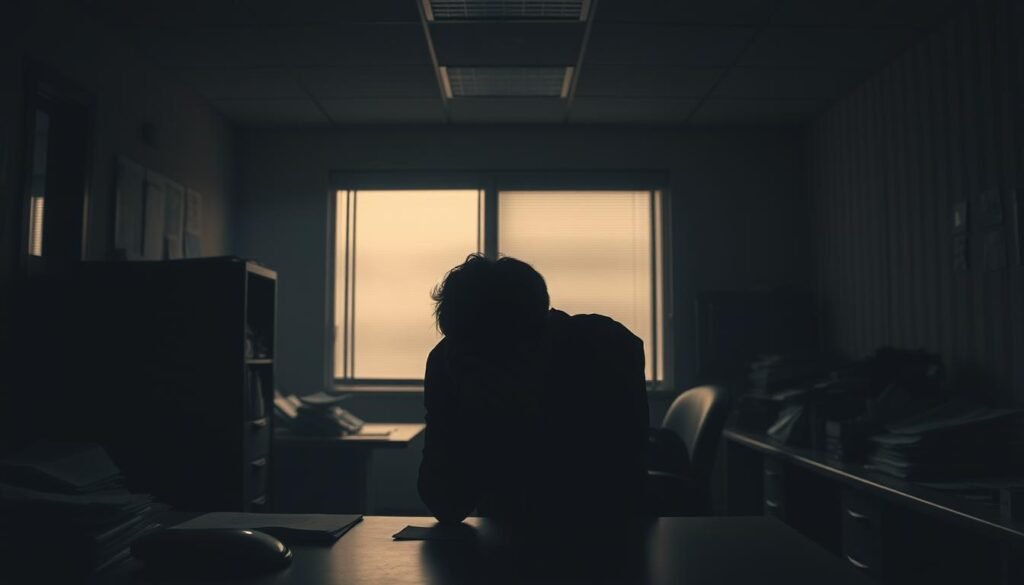 A dimly lit office space, the air thick with tension. In the foreground, a dejected figure hunches over a desk, face obscured by hands. Shadows loom ominously, reflecting the mental anguish that permeates the scene. The middle ground features subtle hints of a collapsing support system, with documents and work materials scattered haphazardly. The background fades into a muted palette, conveying a sense of isolation and hopelessness. Harsh, directional lighting casts distorted silhouettes, emphasizing the psychological toll of the situation. The overall atmosphere evokes a profound sense of mental distress, capturing the devastating consequences of workplace harassment on an individual's well-being.