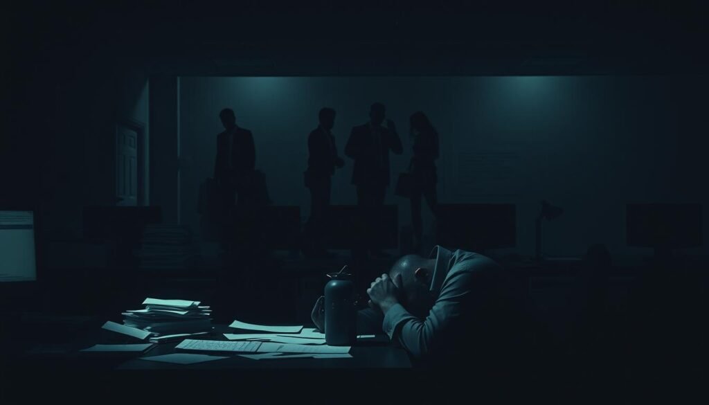 A dimly lit office space, the atmosphere heavy with the weight of burnout. In the foreground, a lone figure slumped at a desk, head in hands, surrounded by a clutter of papers and a flickering computer screen. The middle ground features a team of employees, their expressions strained and bodies hunched, the strain of overwork etched on their faces. In the background, a shadowy representation of the company, its structure crumbling under the burden of burnout. The scene is bathed in a somber, muted palette, conveying the emotional toll and the cascading consequences of burnout on the workplace.