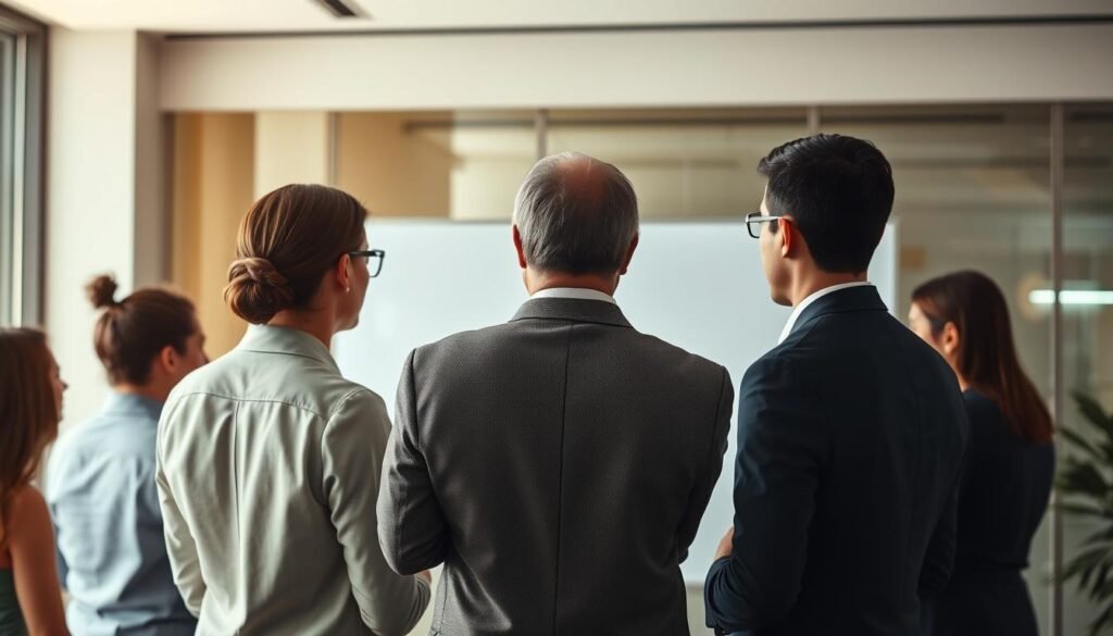 A modern corporate office setting, with a central figure in a thoughtful, authoritative pose, representing a leader guiding their team. The leader stands before a whiteboard or presentation screen, surrounded by employees engaged in discussion, their body language conveying a sense of collaboration and collective focus on stress management strategies. Warm, muted lighting casts a contemplative atmosphere, while the overall composition suggests a harmonious balance between the leader's guidance and the team's responsive engagement. The scene evokes a productive, solution-oriented approach to addressing chronic stress in the corporate environment.