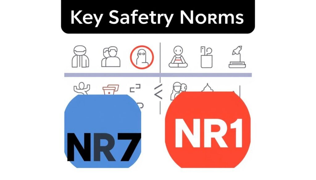 A modern, minimalist illustration depicting the key safety norms NR7 and NR1 in a clean, organized layout. The foreground showcases the numeric icons NR7 and NR1 in a sleek, geometric style, rendered with high-contrast colors to make them stand out. The middle ground features abstract, simplified shapes and lines representing the various safety regulations, arranged in a visually balanced composition. The background has a subtle, neutral tone that allows the focal elements to shine, creating an overall professional, informative aesthetic suitable for an article on workplace health and productivity.
