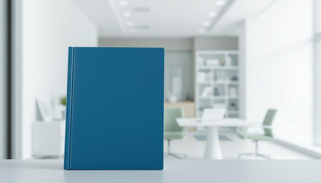 A modern, minimalist interpretation of the NR1 regulatory document, presented against a clean, elegant background. The document's cover appears in the foreground, rendered in shades of blue and gray, with a subtle embossed texture to convey its official nature. The middle ground features a serene, blurred office environment, suggesting the context of workplace compliance. In the background, geometric shapes and abstract patterns symbolize the interconnected systems and processes that the NR1 regulation governs. The lighting is soft and diffused, creating a sense of professionalism and authority. The overall mood is one of clarity, organization, and the importance of adherence to regulatory guidelines.