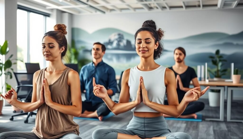 A modern, minimalist office environment with a focus on mental health and wellbeing. In the foreground, a group of employees engaged in a relaxing meditation or yoga session, their faces serene and focused. In the middle ground, ergonomic desks and chairs, with potted plants and natural light filtering in through large windows. The background features a mural or artwork depicting a calming, natural landscape, evoking a sense of tranquility. The overall atmosphere is one of balance, mindfulness, and a healthy work-life integration, highlighting the importance of mental health in the workplace.