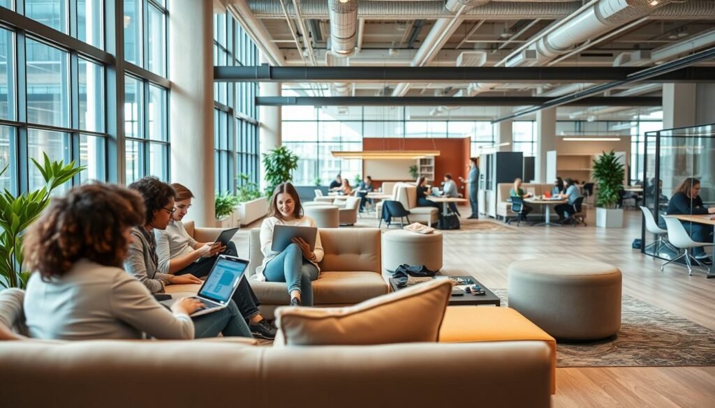 A modern office interior with large windows and natural light filtering in. In the foreground, a group of professionals collaborating on laptops and tablets, demonstrating flexible work arrangements. In the middle ground, a communal lounge area with plush seating and a relaxed atmosphere, fostering work-life balance. The background features an open floor plan with collaborative workspaces, promoting a flexible, employee-centric work culture. The overall scene conveys a harmonious blend of productivity and well-being, reflecting the role of companies in supporting mental health through flexible work policies.
