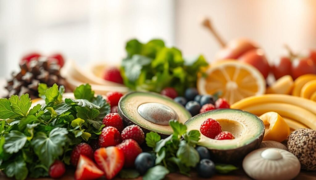 A nourishing feast of fresh, vibrant ingredients arranged in a visually appealing manner, set against a softly blurred background that evokes a sense of tranquility and wellbeing. Crisp greens, juicy berries, creamy avocado, and other nutrient-dense foods are strategically placed to create a harmonious, balanced composition. Warm, natural lighting casts a gentle glow, enhancing the image's calming atmosphere. The overall scene conveys the idea that a healthy, mindful approach to eating can support emotional and mental wellness, directly addressing the theme of combating mental fatigue in the corporate setting.