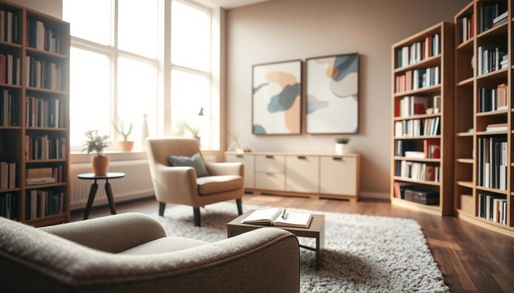 A professional psychologist's office, filled with a sense of calm and introspection. In the foreground, a comfortable armchair and a plush rug, creating a cozy atmosphere. Bookshelves line the walls, hinting at the wealth of knowledge and expertise. Soft, natural lighting filters through large windows, casting a warm glow on the space. In the middle ground, a low table holds a notepad and pen, ready to capture the insights of a thoughtful psychosocial evaluation. The background features muted tones and abstract art, fostering a reflective mood. Overall, the scene conveys the importance of understanding the holistic well-being of an individual, with empathy and professionalism at the heart of the process.