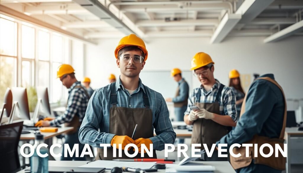 A professional workspace with workers engaged in various tasks, conveying the concept of occupational disease prevention. The scene depicts employees wearing protective gear like hard hats, goggles, and gloves, highlighting safety measures. The lighting is natural, creating a bright and airy atmosphere. The background showcases modern office elements like desks, computers, and whiteboards, emphasizing the corporate setting. The overall composition conveys a sense of diligence, awareness, and a proactive approach to workplace health and well-being.