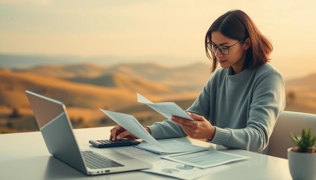 A serene and calming scene of financial security and well-being. In the foreground, a person meticulously managing their finances, reviewing documents and calculations with a focused expression. The middle ground features a minimalist, organized workspace with a laptop, calculator, and neatly arranged financial statements. In the background, a tranquil landscape with rolling hills, a clear sky, and a warm, golden hue, conveying a sense of balance and inner peace. Soft, diffused lighting illuminates the scene, creating a soothing and reassuring atmosphere. The overall composition emphasizes the importance of proactive financial management and the prevention of financial stress.