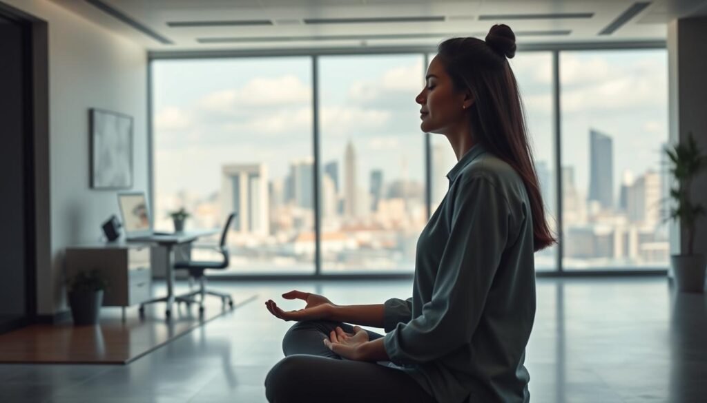 A serene and contemplative scene depicting emotional resilience in the workplace. In the foreground, a person sitting in a thoughtful, meditative pose, their face reflecting a sense of inner peace and focus. The middle ground features a minimalist office space, with clean lines, natural lighting, and subtle greenery, conveying a calming, rejuvenating atmosphere. The background showcases a panoramic view of a bustling city skyline, symbolizing the challenges and pressures of the professional environment, balanced by the individual's emotional resilience. The overall mood is one of tranquility, strength, and the ability to thrive amidst the demands of the workplace.