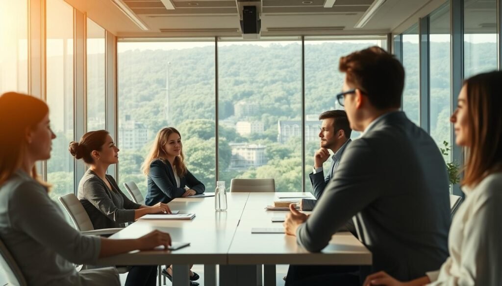 A serene and professional office environment, bathed in soft, natural lighting. In the foreground, a group of employees engaged in a collaborative discussion, their expressions thoughtful and attentive. The middle ground features a well-designed conference table and modern office furniture, conveying a sense of productivity and well-being. In the background, floor-to-ceiling windows offer a panoramic view of a verdant, urban landscape, suggesting a connection to the natural world. The overall atmosphere is one of calm, openness, and a focus on mental health and wellness within the corporate setting. A serene and professional office environment, bathed in soft, natural lighting. In the foreground, a group of employees engaged in a collaborative discussion, their expressions thoughtful and attentive. The middle ground features a well-designed conference table and modern office furniture, conveying a sense of productivity and well-being. In the background, floor-to-ceiling windows offer a panoramic view of a verdant, urban landscape, suggesting a connection to the natural world. The overall atmosphere is one of calm, openness, and a focus on mental health and wellness within the corporate setting.