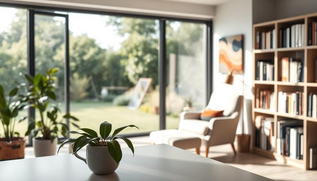 A serene and tranquil office setting, with a large window overlooking a peaceful garden. Soft natural lighting filters through, creating a calming atmosphere. In the foreground, a desk with a potted plant and a mug of steaming tea. On the wall, a minimalist abstract painting in earthy tones. The middle ground features a comfortable chair and a cozy reading nook, inviting relaxation. In the background, a bookshelf filled with volumes on wellness and mindfulness. The overall scene conveys a sense of balance, harmony, and the importance of stress prevention in the workplace.