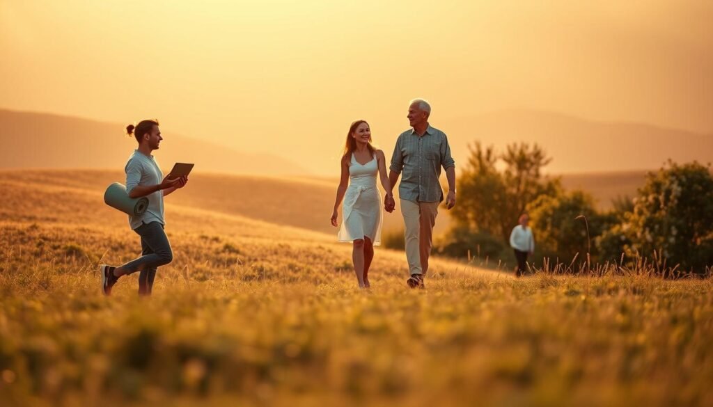A serene landscape depicting the delicate balance between work and life in different stages. In the foreground, a young adult juggles a laptop and yoga mat, symbolizing the challenges of maintaining equilibrium. In the middle ground, a middle-aged couple strolls hand-in-hand, conveying a sense of harmony. In the background, a retired senior enjoys a peaceful garden, radiating the tranquility of a life in balance. Warm, golden lighting bathes the scene, evoking a sense of contentment. The composition is framed by a soft, dreamlike atmosphere, capturing the essence of finding work-life balance across the phases of life.
