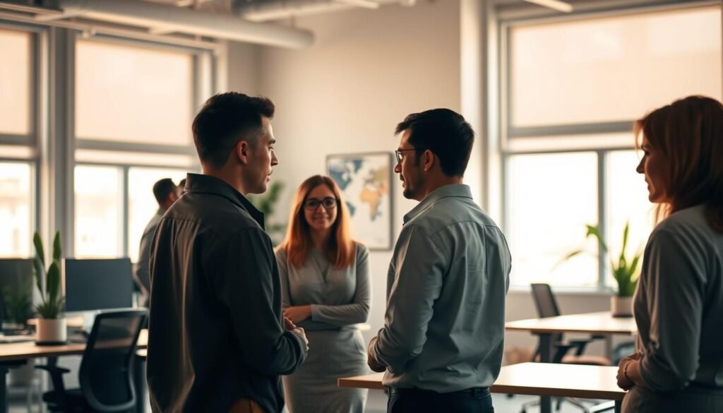 A serene office environment, bathed in warm, natural lighting that filters through large windows. In the foreground, a group of employees engaged in thoughtful discussions, their body language conveying a sense of openness and collaboration. The middle ground features ergonomic workstations, with plants and artwork adding a touch of tranquility. In the background, a muted color palette and soft, soothing textures create a calming atmosphere, reflecting the prioritization of mental health and well-being within the workplace. The overall scene captures the essence of a supportive, stress-free work environment that nurtures the mental health of its employees. A serene office environment, bathed in warm, natural lighting that filters through large windows. In the foreground, a group of employees engaged in thoughtful discussions, their body language conveying a sense of openness and collaboration. The middle ground features ergonomic workstations, with plants and artwork adding a touch of tranquility. In the background, a muted color palette and soft, soothing textures create a calming atmosphere, reflecting the prioritization of mental health and well-being within the workplace. The overall scene captures the essence of a supportive, stress-free work environment that nurtures the mental health of its employees.