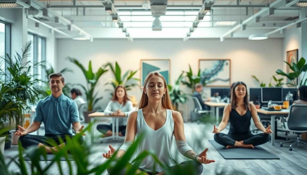 A serene office environment with employees engaged in mindful activities, emphasizing mental health and well-being. The foreground depicts a group of colleagues practicing yoga or meditation, their expressions calm and focused. The middle ground showcases collaborative work spaces with ergonomic desks and natural lighting, promoting a supportive and productive atmosphere. The background features lush, verdant plants and soothing artwork, creating a visually calming and rejuvenating workspace. Soft, diffused lighting from overhead fixtures casts a warm, nurturing glow, conveying a sense of balance and tranquility. The overall scene reflects a progressive, employee-centric workplace that prioritizes mental health and well-being.