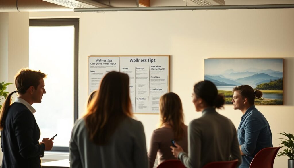 A serene office setting, bathed in warm natural light from large windows. In the foreground, a group of employees engaged in a collaborative discussion, their faces reflecting thoughtful contemplation. The middle ground showcases a bulletin board displaying wellness tips and resources, emphasizing the importance of mental health in the workplace. In the background, a calming landscape painting or wall art evokes a sense of tranquility. The overall atmosphere is one of openness, empathy, and a commitment to supporting employee wellbeing.