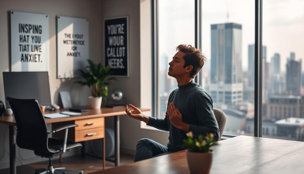 A serene office setting with a desk, chair, and potted plant. In the foreground, a person sits with a calm, focused expression, using stress management techniques like deep breathing or meditation. The middle ground features inspiring motivational posters, while the background showcases a panoramic city skyline through large windows, conveying a sense of balance and tranquility. The lighting is soft and natural, creating a peaceful atmosphere. A subtle glow emanates from the person's face, symbolizing their inner resolve to overcome work-related anxiety. The overall scene evokes a sense of well-being and resilience in the face of professional challenges.