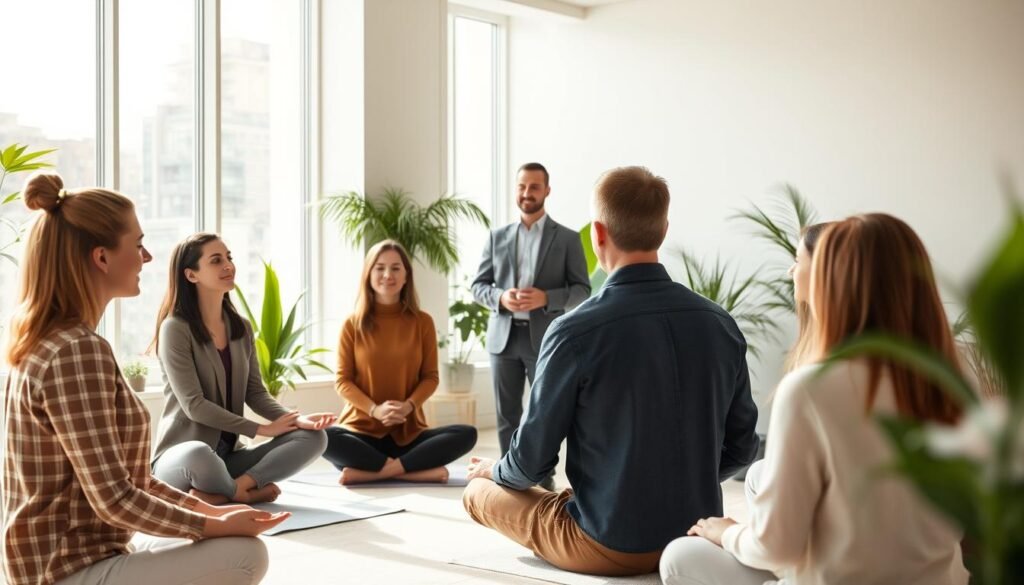 A serene office space with a focus on employee well-being. In the foreground, a group of colleagues engage in a mindfulness exercise, their expressions calm and centered. In the middle ground, a manager stands, facilitating the session with a gentle, attentive demeanor. The background features floor-to-ceiling windows, allowing natural light to flood the room, creating a warm and inviting atmosphere. Potted plants and soft, earthy tones throughout the space evoke a sense of balance and tranquility. The overall scene conveys the importance of mental health management in a corporate setting, emphasizing the role of leadership in fostering a supportive and wellness-oriented work environment.