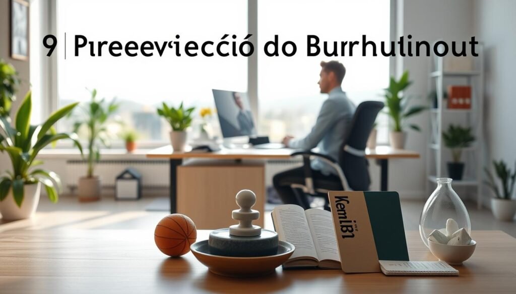 A serene, well-lit office setting with a desk, chair, and potted plants. In the foreground, a person sits at the desk, appearing relaxed and focused, engaged in a task at hand. The middle ground showcases various stress-relieving items such as a stress ball, a small fountain, and a mindfulness journal. The background features a large window overlooking a tranquil outdoor scene, with soft natural lighting filtering in. The overall atmosphere conveys a sense of balance, productivity, and mental well-being, reflecting the "Prevenção do Burnout" theme.