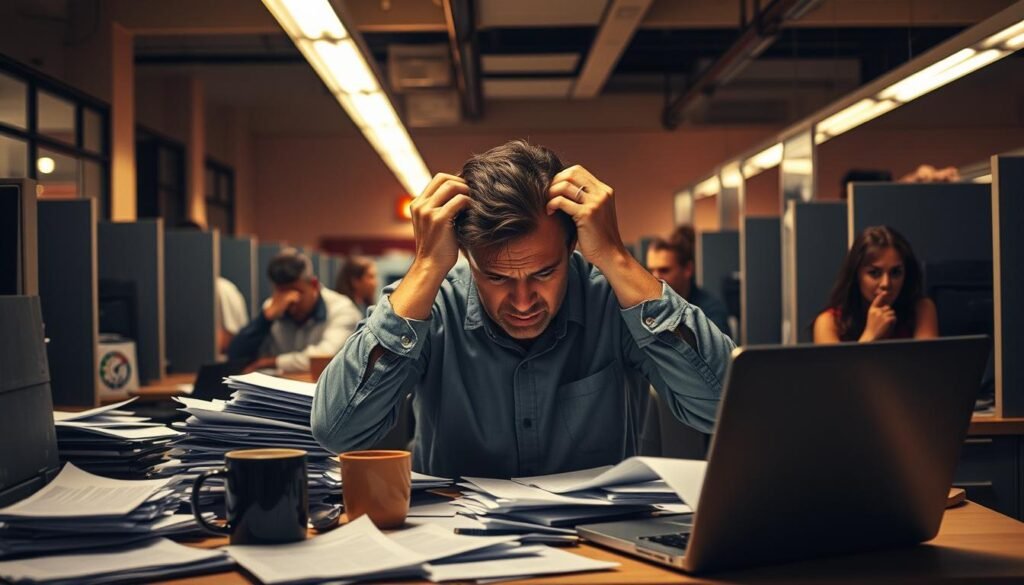 A tense and anxious office scene, bathed in warm, fluorescent light. In the foreground, a frazzled worker hunched over a cluttered desk, hands gripping their head in frustration. Scattered papers, coffee mugs, and a laptop symbolize the overwhelming workload. In the middle ground, other employees appear stressed, with furrowed brows and clenched jaws, caught in the grips of workplace pressure. The background depicts a claustrophobic, cubicle-filled space, creating a sense of confinement and isolation. Muted colors and hard shadows convey the somber, draining atmosphere, highlighting the need for emotional resilience in this challenging environment.