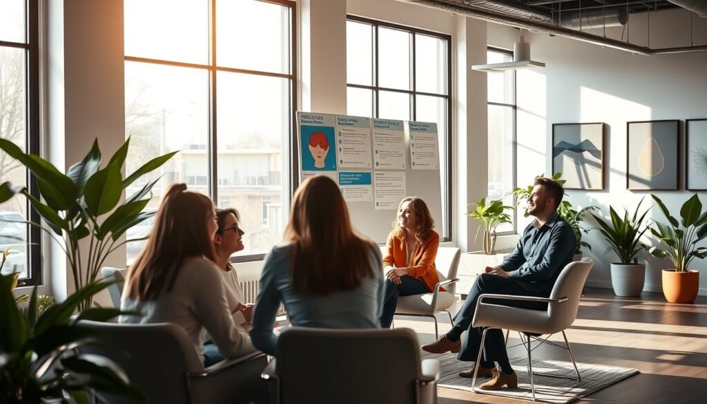 A tranquil, modern office setting with an open-concept layout. Natural light filters in through large windows, casting a warm glow on the minimalist furniture and decor. In the foreground, a group of employees engaged in a lively discussion, their body language conveying a sense of collaboration and well-being. The middle ground features a bulletin board with informational posters about mental health awareness and resources for employees. In the background, potted plants and artwork lend a calming, rejuvenating ambiance to the space. The overall scene embodies a workplace culture that prioritizes employee mental health and well-being.