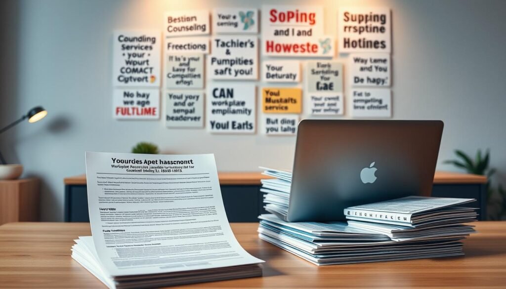 A vibrant and empowering scene depicting resources for victims of workplace harassment. In the foreground, a stack of pamphlets and brochures detailing legal rights, counseling services, and support hotlines. Behind it, a warm-lit desk with a laptop, signifying accessible digital information. In the background, a wall display showcases empowering slogans and affirmations, casting a hopeful glow. The composition conveys a sense of care, guidance, and the tools necessary for those affected to take action and reclaim their wellbeing. Soft lighting, muted colors, and a serene atmosphere evoke a safe, nurturing environment for those seeking help.
