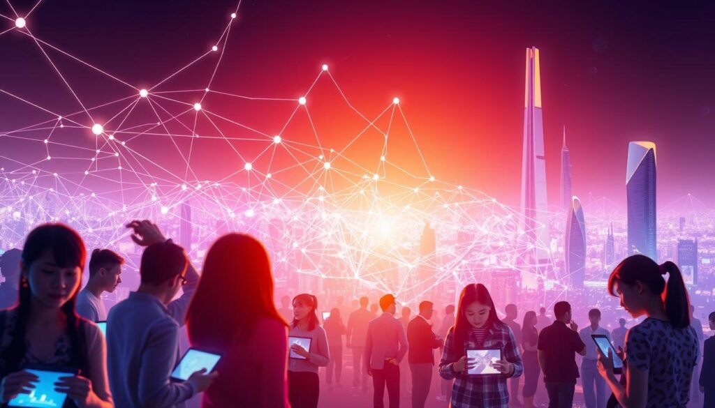 A vibrant digital landscape depicting the fusion of technology and social connection. In the foreground, people of diverse backgrounds engage in seamless virtual interactions, their faces illuminated by the glow of screens. The middle ground features an intricate web of data streams, visualized as pulsing lines and geometric patterns, symbolizing the ubiquitous flow of information. In the background, towering techno-organic structures rise, their sleek designs echoing the integration of the physical and digital realms. Soft, ambient lighting casts a warm, collaborative atmosphere, evoking a sense of unity and belonging amidst the technological advancements. The scene conveys the power of technology to bridge social divides and foster meaningful connections, even in the face of physical isolation.