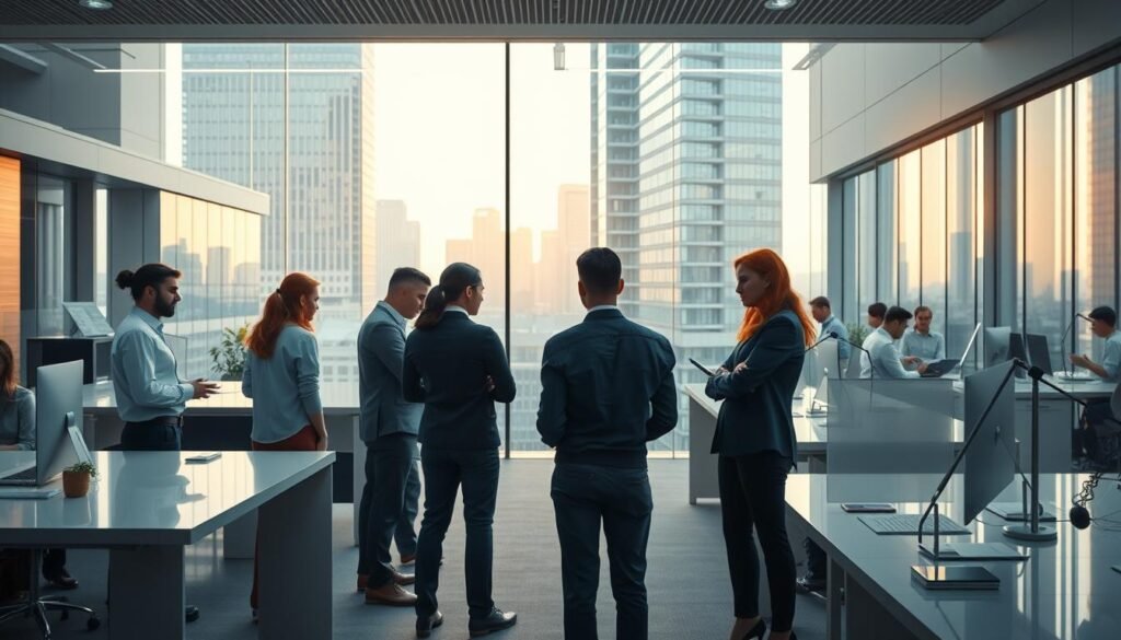 A vibrant office environment with a palpable sense of tension. In the foreground, a group of employees engaged in strained conversations, their body language reflecting the weight of workplace anxieties. The middle ground showcases a sleek, modern workspace, the polished surfaces and clean lines juxtaposed with the underlying unease. In the background, towering corporate structures loom, their imposing presence casting a shadow of uncertainty. Soft, warm lighting filters through the windows, hinting at the potential for a more harmonious work culture, if only the organization can navigate the complexities of employee wellbeing. A thought-provoking scene that captures the intricate relationship between organizational climate and individual mental health.