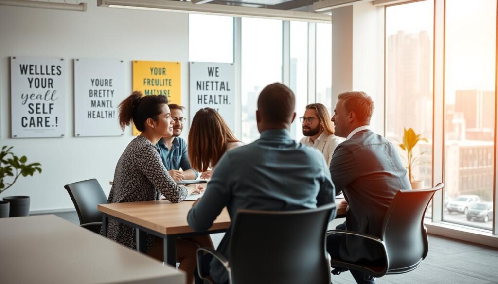 A well-lit, modern office environment with employees engaged in collaborative discussions about mental health in the workplace. The foreground features a group of diverse colleagues sitting around a conference table, their body language and facial expressions conveying a sense of open, thoughtful dialogue. The middle ground showcases inspirational motivational posters on the walls, promoting wellness and self-care practices. The background blurs out, highlighting the bright, airy nature of the space with large windows overlooking a vibrant cityscape. The overall atmosphere evokes a positive, supportive corporate culture that prioritizes mental health and employee wellbeing.