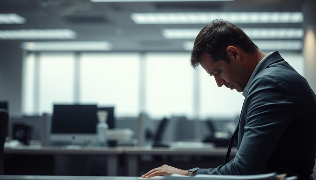 An office setting with a corporate employee sitting at their desk, appearing dejected and withdrawn. The lighting is soft and muted, creating a somber and introspective mood. The employee's body language conveys a sense of fatigue, with shoulders slumped and head bowed. In the background, blurred cubicles and office equipment suggest the isolating and impersonal nature of the corporate environment. The scene evokes a sense of corporate depression, with the employee struggling to maintain their energy and motivation in the face of overwhelming stress and challenges.