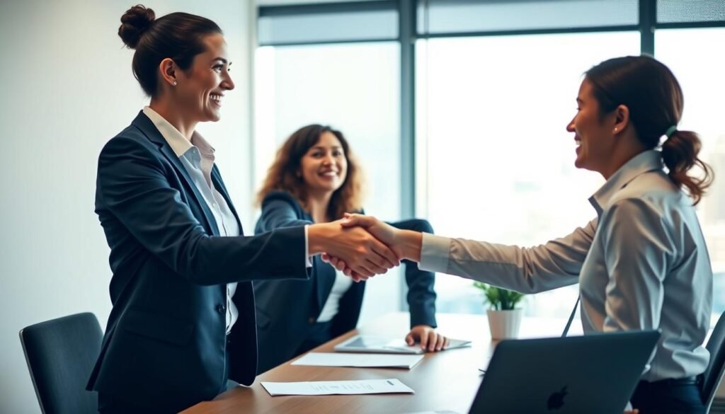 An office setting with an employee receiving positive feedback and recognition from their manager. The foreground shows the manager and employee shaking hands, both with warm, genuine expressions. The middle ground features a desk with a laptop, papers, and a potted plant, indicating a professional work environment. The background has a window overlooking a cityscape, creating a sense of openness and progress. Soft, natural lighting illuminates the scene, creating a welcoming and motivating atmosphere. The overall mood conveys a constructive and collaborative work culture that values employee growth and development.