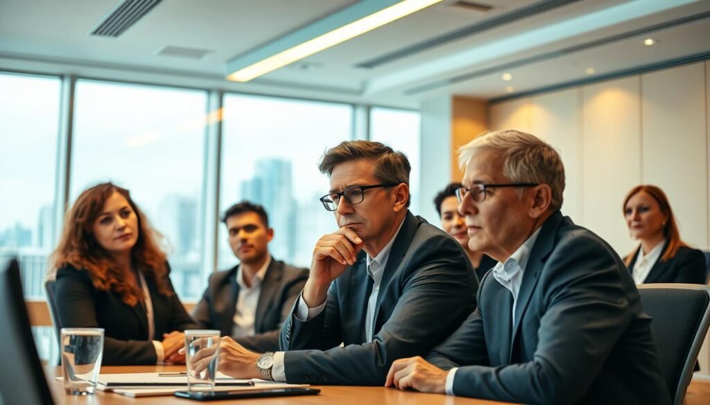 Prompt A group of corporate leaders in a well-lit conference room, engaged in a dynamic discussion on occupational health and safety. Warm overhead lighting casts a thoughtful glow, drawing attention to their faces as they lean forward, brows furrowed in concentration. The room is adorned with minimalist decor, a large window offering a view of the city skyline in the background, symbolizing the broader impact of their decisions. The leaders' body language conveys a sense of purposeful collaboration, underscoring their crucial role in shaping a healthier, more resilient workplace.