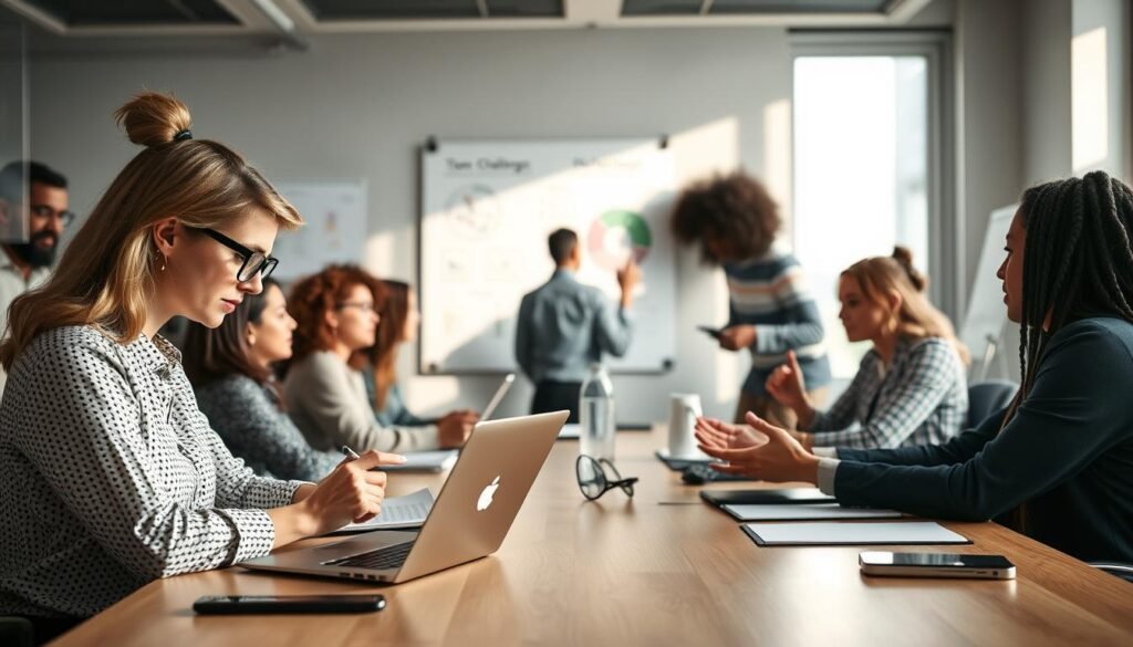 A bustling office setting in a micro or small business, filled with a diverse team of professionals collaborating around a large conference table. In the foreground, a focused woman with glasses takes notes on a laptop, dressed in professional attire, while a man beside her, casually dressed, gestures animatedly as he shares ideas. In the middle ground, a whiteboard filled with brainstorming sessions and charts portrays team challenges. The background features a window with soft natural light streaming in, casting gentle shadows that enhance the atmosphere of teamwork and problem-solving. The overall mood is one of determination and synergy, reflecting the unique challenges faced by leaders in small enterprises striving to support their teams' mental well-being.