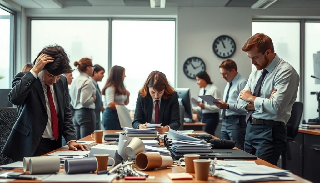 A busy office environment reflecting the impact of workplace stress. In the foreground, a diverse group of professionals in business attire, showing signs of stress: one person rubs their temples, another stares blankly at a computer screen, and a third appears overwhelmed by paperwork. In the middle ground, scattered office supplies and empty coffee cups emphasize the chaos, while a wall clock shows late hours, adding to the urgency. In the background, large windows allow muted daylight to filter in, creating a soft natural light that contrasts with the tense atmosphere. The overall mood conveys the challenges faced by micro and small enterprises, illustrating the need for mental health awareness in the workplace.