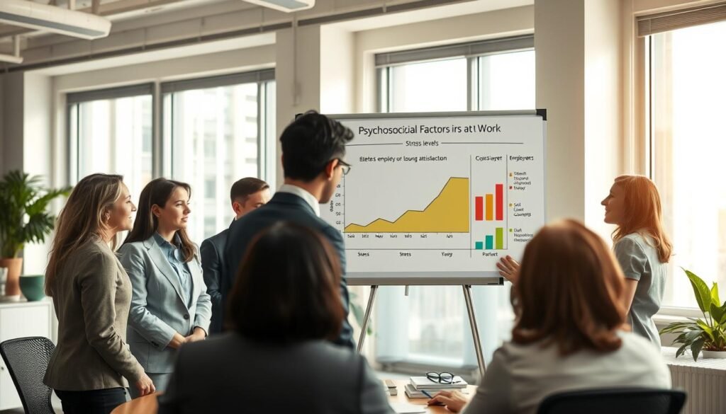 A contemporary office environment depicting the concept of psychosocial factors at work. In the foreground, a diverse group of professionals in business attire engaged in a brainstorming session, displaying focused expressions and collaboration. In the middle ground, a graph highlighting stress levels among employees on a whiteboard, alongside charts indicating job satisfaction. The background features windows with natural light streaming in, creating a warm, inviting atmosphere. The lighting is soft yet bright, emphasizing a sense of productivity and teamwork. The overall mood is positive and proactive, illustrating the importance of recognizing psychosocial risks before they lead to health issues. The composition should evoke a sense of awareness and engagement in workplace well-being.