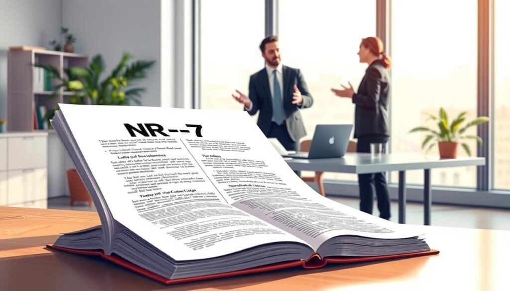 A detailed illustration of "NR-7" as a central focus, symbolized by a large, open book with legislative text on safety and health regulations in a modern office environment. In the foreground, a professional in business attire, discussing the implications of NR-7 with a colleague, gesturing expressively. The middle ground features a sleek desk with a laptop, charts, and a plant, emphasizing a workplace atmosphere. In the background, a large window allows natural light to filter in, casting soft shadows. The overall mood is informative and engaged, showcasing a commitment to occupational health. Soft, warm lighting creates a welcoming ambiance, while a wide-angle lens captures the entire scene effectively.