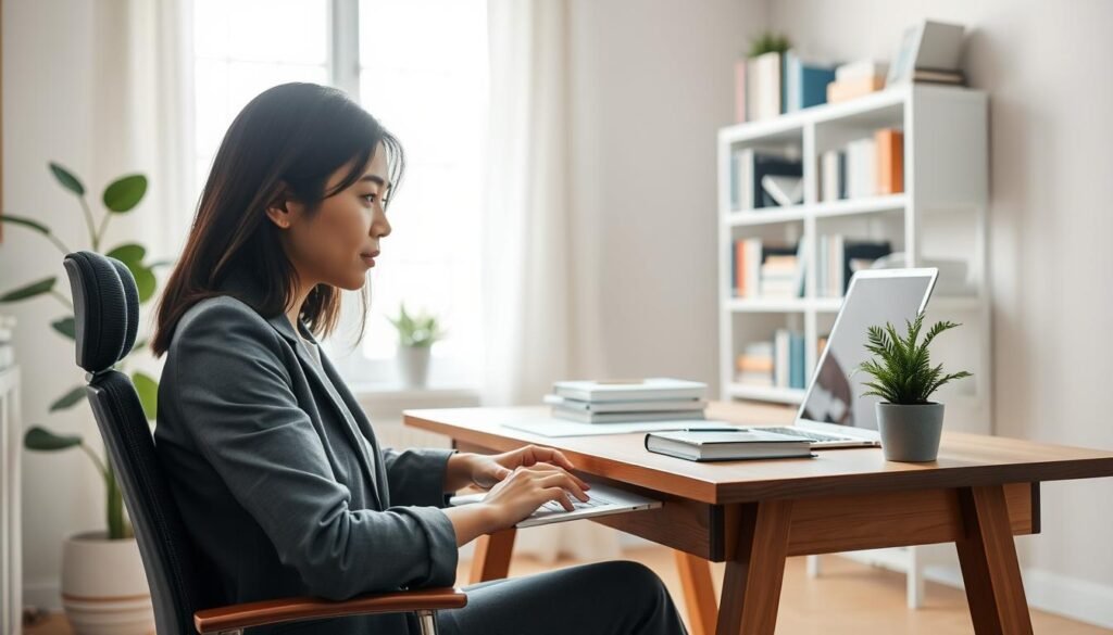 A modern home office scene illustrating remote work, featuring a stylish wooden desk with a laptop, books, and a potted plant. In the foreground, a professional Asian woman in a smart casual outfit sits, focused on her work, with a calm expression. The middle ground shows shelves filled with books and personal items, conveying a blend of professionalism and comfort. The background features a bright window allowing natural light to pour in, creating a warm, inviting atmosphere. Soft, diffused lighting enhances the overall mood, while an airy color palette of blues and greens promotes a sense of tranquility. The angle captures the workspace invitingly, emphasizing the importance of mental well-being in a remote work setting.