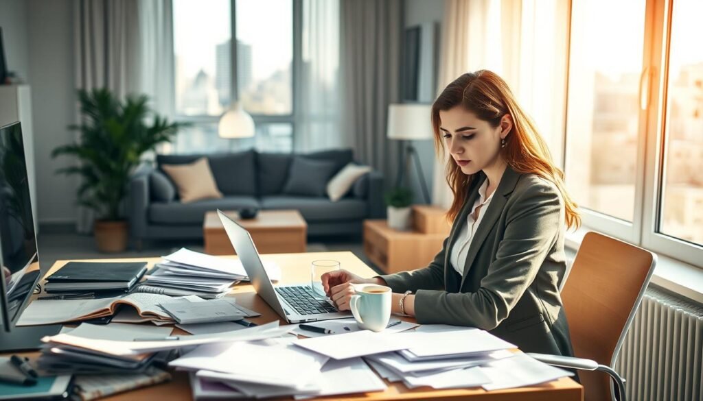 A modern home office setting illustrating the challenges of remote work. In the foreground, a focused professional woman in smart casual attire sits at a cluttered desk filled with papers, a laptop, and a coffee cup, looking slightly overwhelmed. The middle ground shows a cozy living space with a couch and a houseplant, hinting at work-life balance issues. In the background, a window reveals a cityscape, emphasizing the isolation of remote work. Soft, natural light streams in, casting gentle shadows, creating a warm yet slightly tense atmosphere. Capture the essence of mental strain, multitasking, and the blurred lines of home and work life, with a slight tilt of the camera for a dynamic perspective.