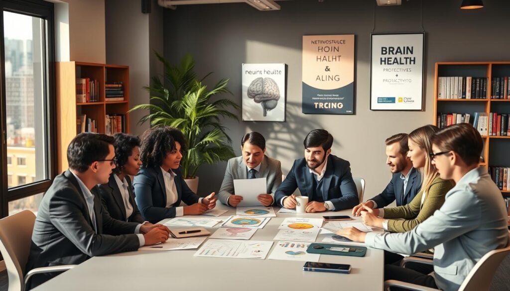 A modern office environment features a diverse group of professionals engaged in a collaborative discussion about brain health. In the foreground, a diverse set of individuals in professional business attire are seated around a conference table, animatedly exchanging ideas while reviewing colorful brain health diagrams and strategies. In the middle ground, a large window provides natural light, and a green indoor plant adds a touch of vitality. The background includes bookshelves filled with neuroscience literature and motivational posters related to focus and productivity. The lighting is warm and inviting, creating an atmosphere of optimism and productivity. The overall composition is clear and balanced, focusing on teamwork and a commitment to fostering a healthier brain in the workplace.